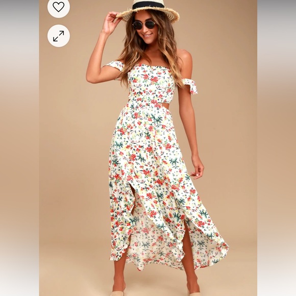 Lush Dresses & Skirts - Easy on the Eyes Cream Floral Print Off-the-Shoulder Maxi Dress